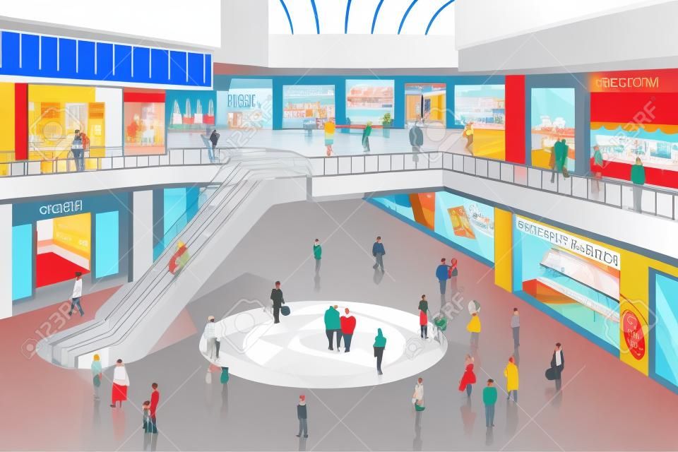 Una ilustración vectorial de escena en el interior del centro comercial