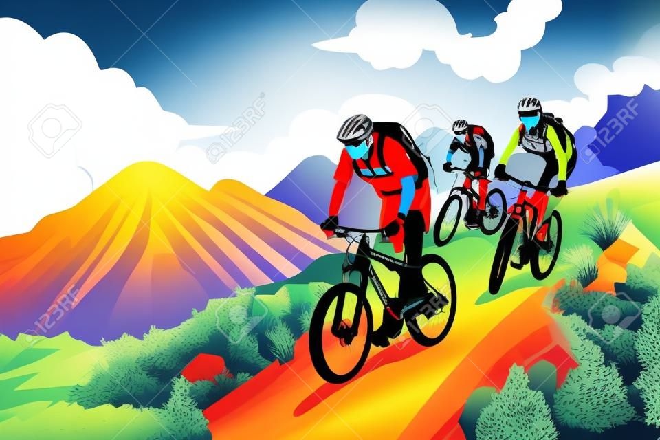 ilustração, de, mountain bikers, em, a, montanha