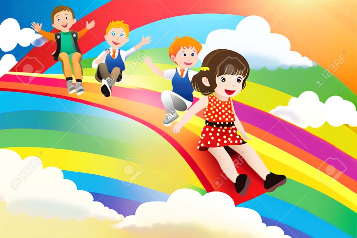 Una illustrazione di bambini carini scivolare giù l'arcobaleno