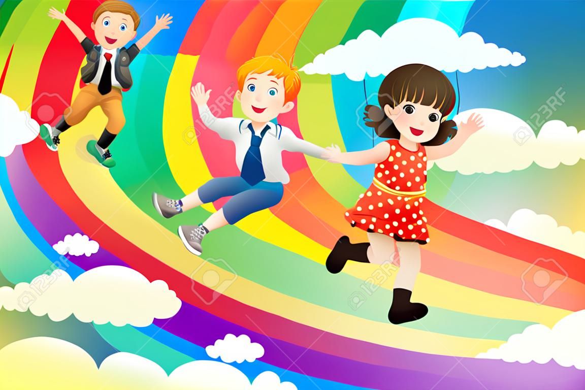 Una illustrazione di bambini carini scivolare giù l'arcobaleno