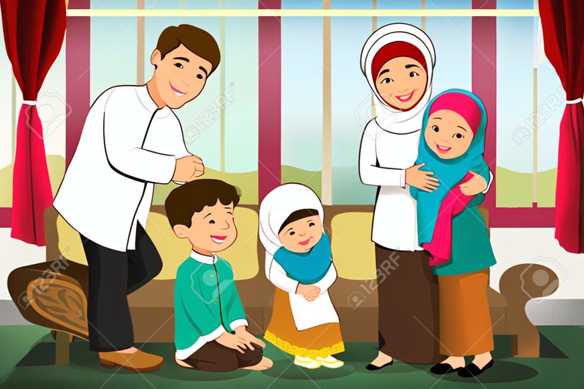 A vektoros illusztráció Happy family ünnepli Eid-al-Fitr