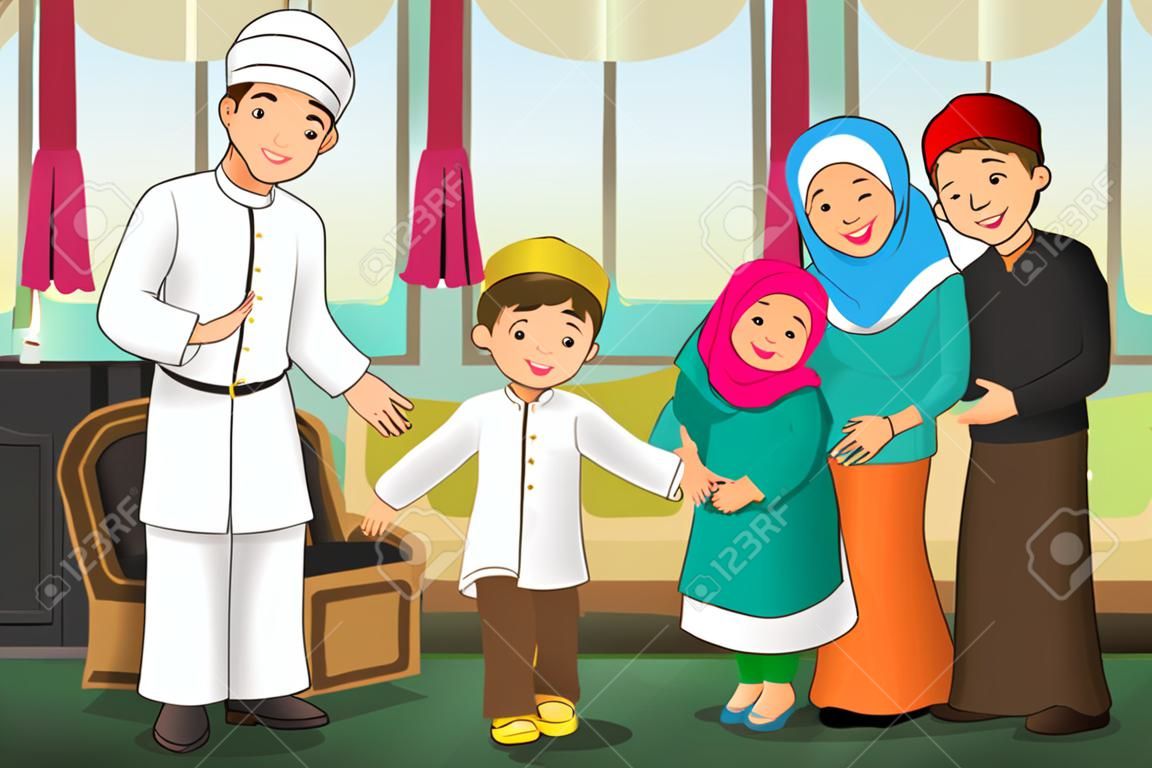 Una ilustración vectorial de familia feliz celebrando el Eid-al-Fitr