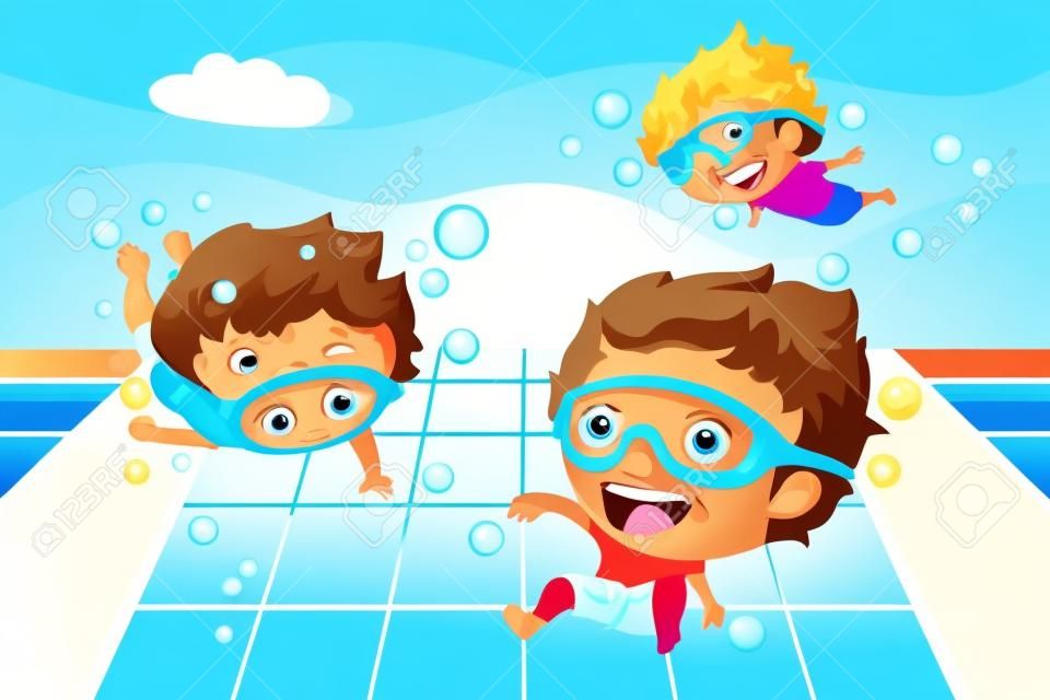 Una illustrazione vettoriale di bambini felici divertirsi in piscina