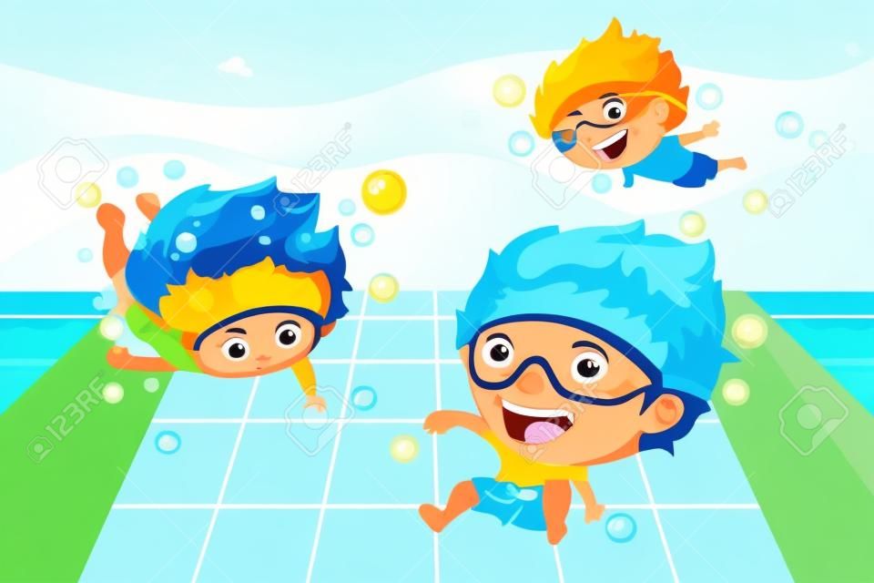 Una ilustración vectorial de niños felices que se divierten en la piscina