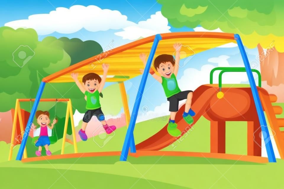 Uma ilustração vetorial de crianças felizes brincando em uma barra de macaco no playground