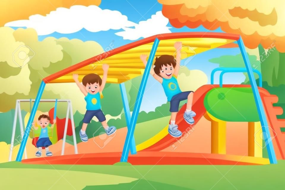 Uma ilustração vetorial de crianças felizes brincando em uma barra de macaco no playground