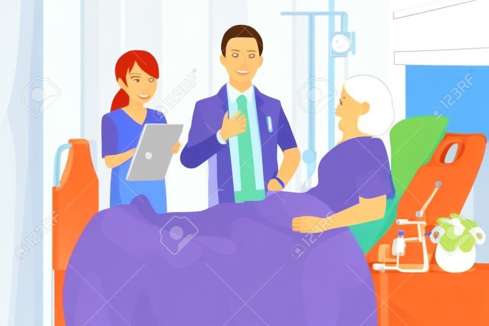Ilustracji wektorowych lekarza, pielęgniarki mówi do pacjenta w szpitalu