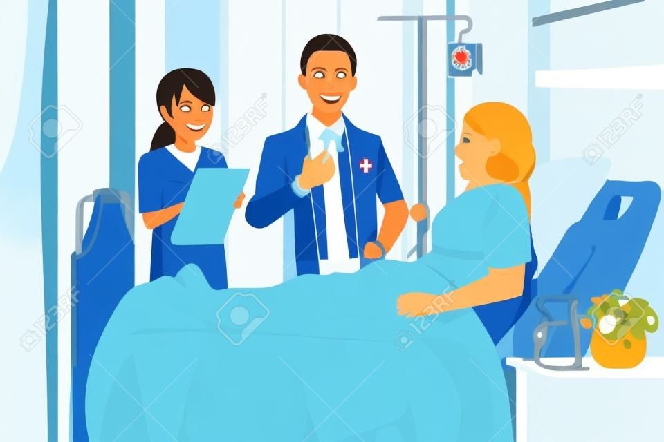 Ein Vektor-Illustration Arzt und Krankenschwester im Gespräch mit einem Patienten im Krankenhaus