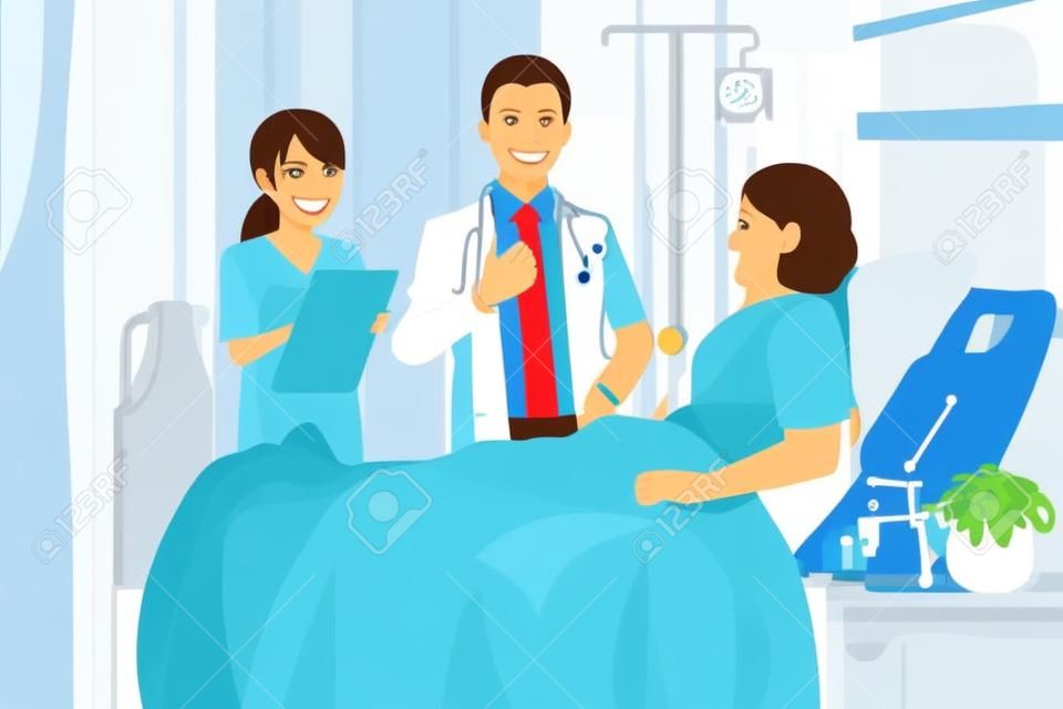 A vector illustration of doctor and nurse talking to a patient at the hospital