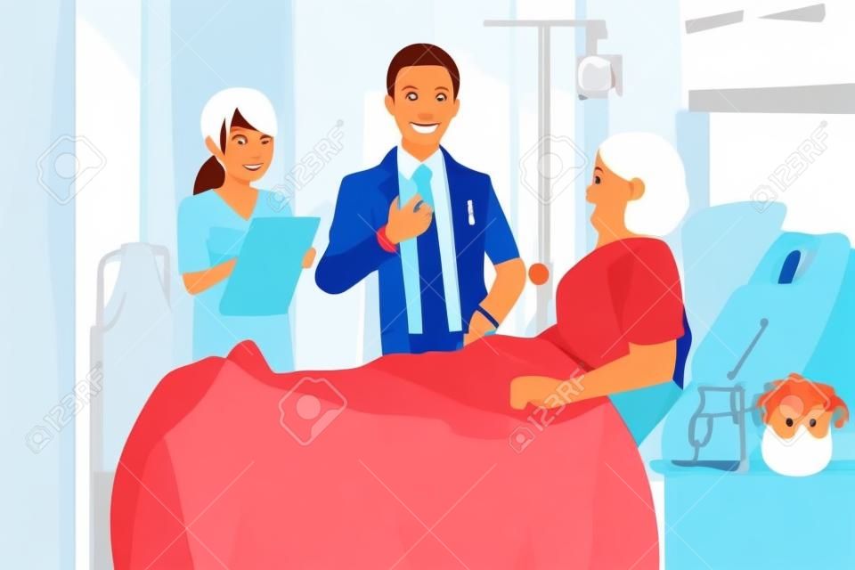 A vector illustration of doctor and nurse talking to a patient at the hospital