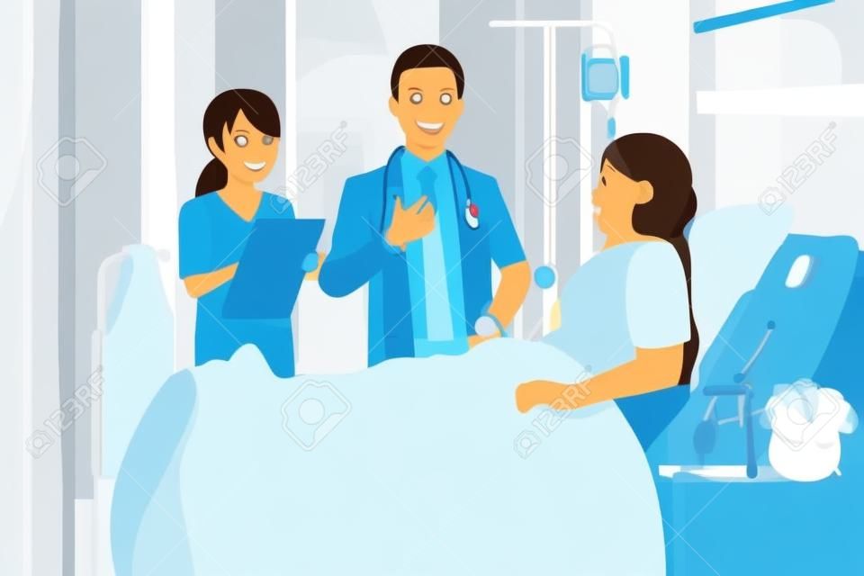 A vector illustration of doctor and nurse talking to a patient at the hospital