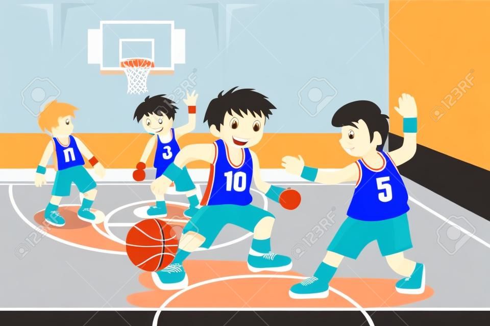 Ilustracji wektorowych z grupy dzieci gry w koszykówkę kryty
