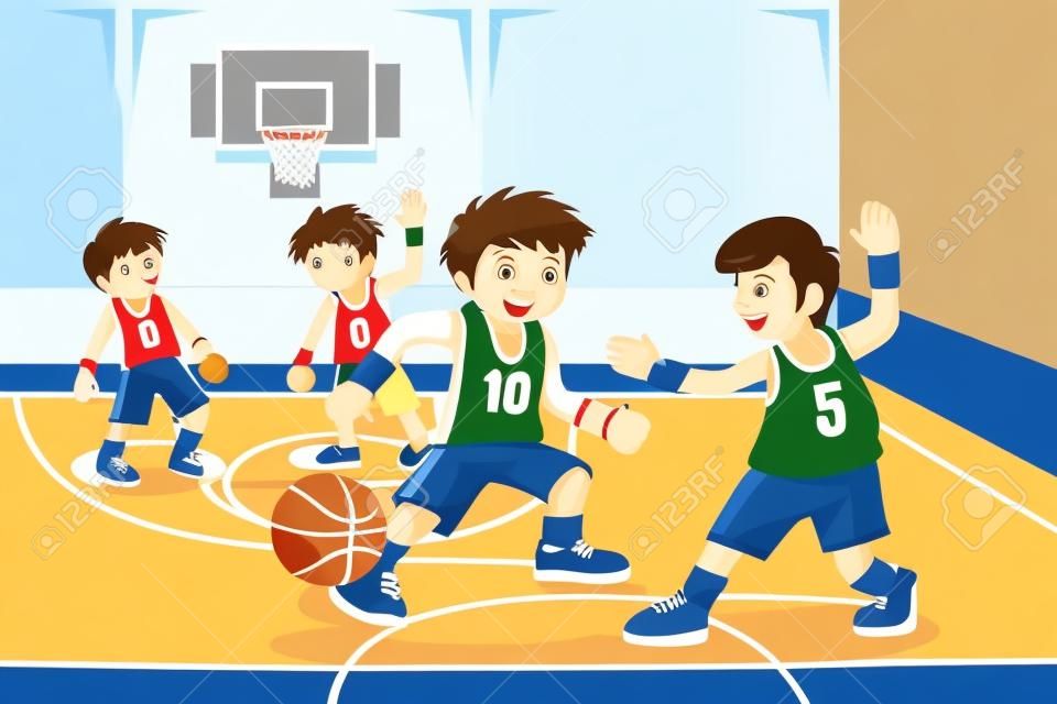 Ilustracji wektorowych z grupy dzieci gry w koszykówkę kryty