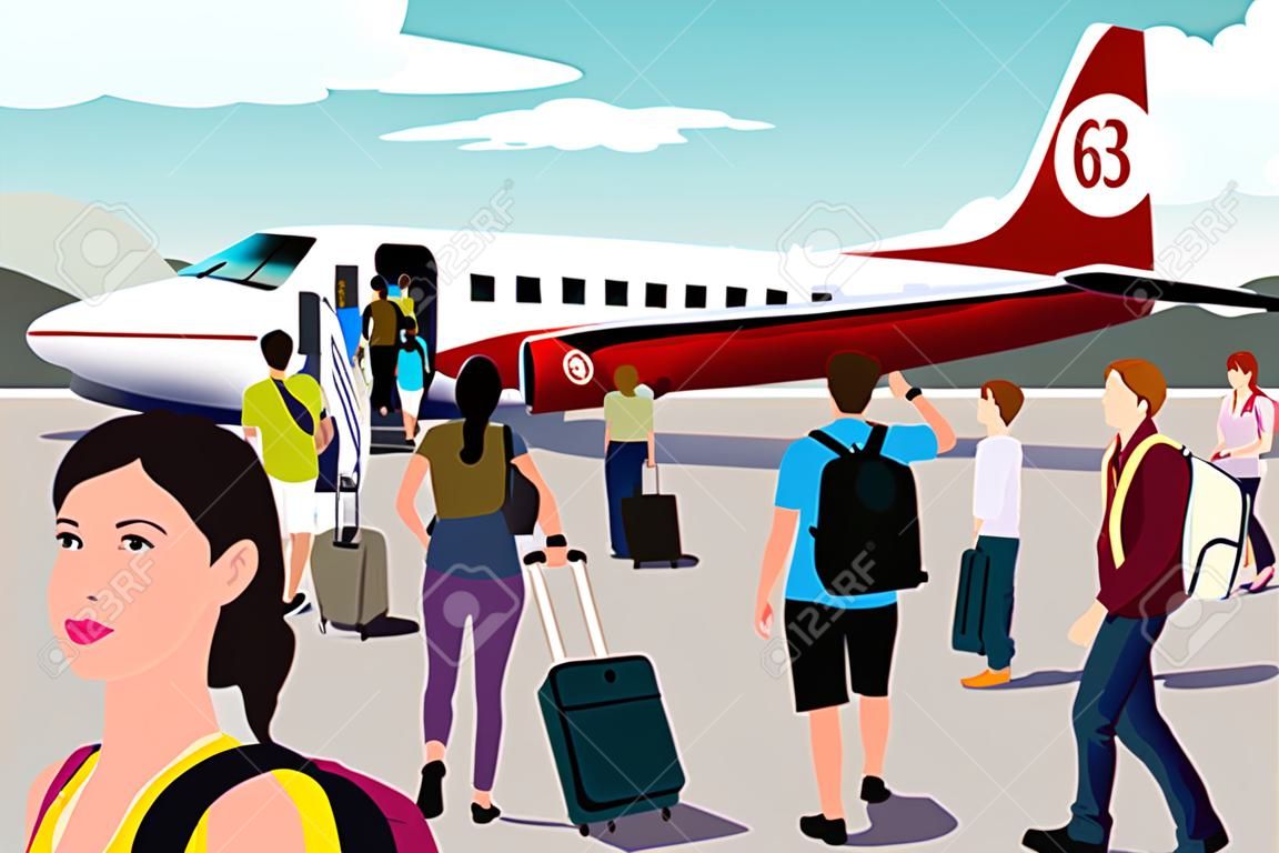 A vector illustration of tourists boarding on a plane