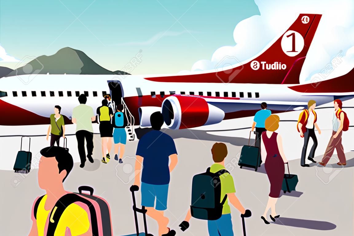 A vector illustration of tourists boarding on a plane