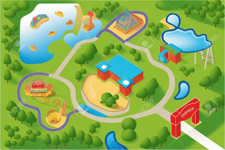 Une illustration de vecteur d'une carte de parc d'attractions à thème