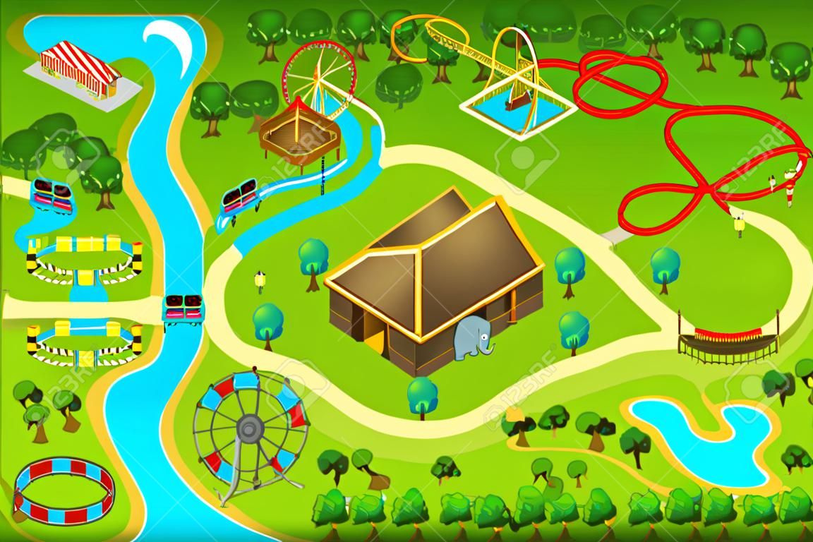 Una illustrazione vettoriale di mappa di un parco di divertimenti a tema