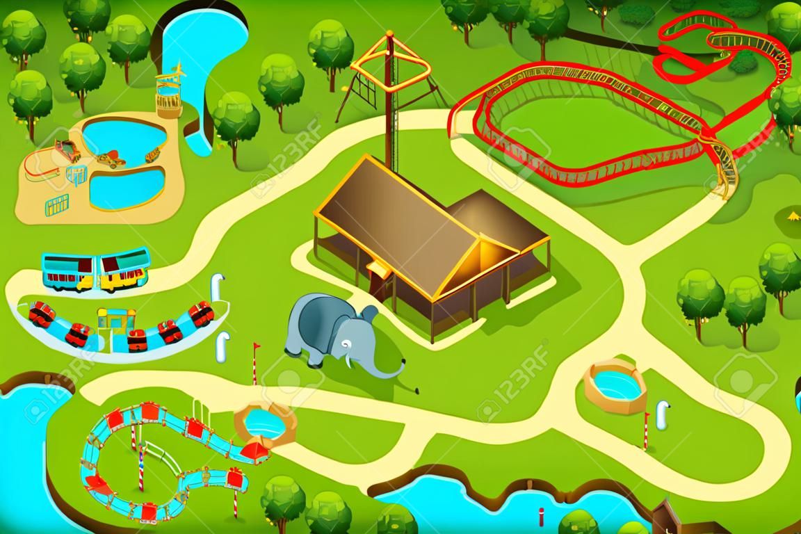 Una illustrazione vettoriale di mappa di un parco di divertimenti a tema
