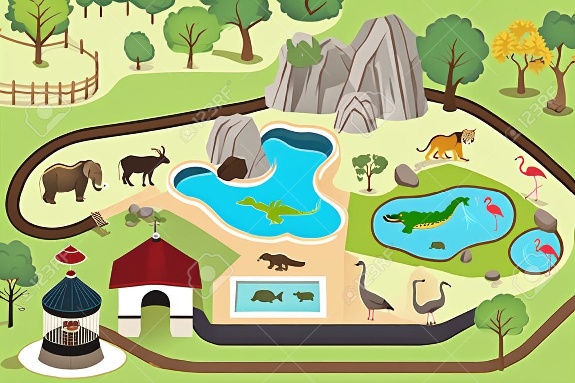 Una ilustración vectorial de mapa de un parque zoológico