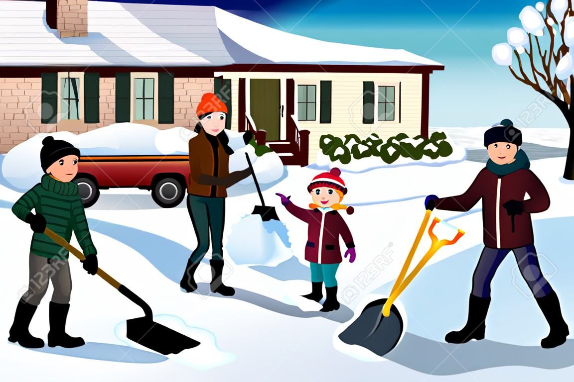 A vector illustration of family shoveling snow in front of their house