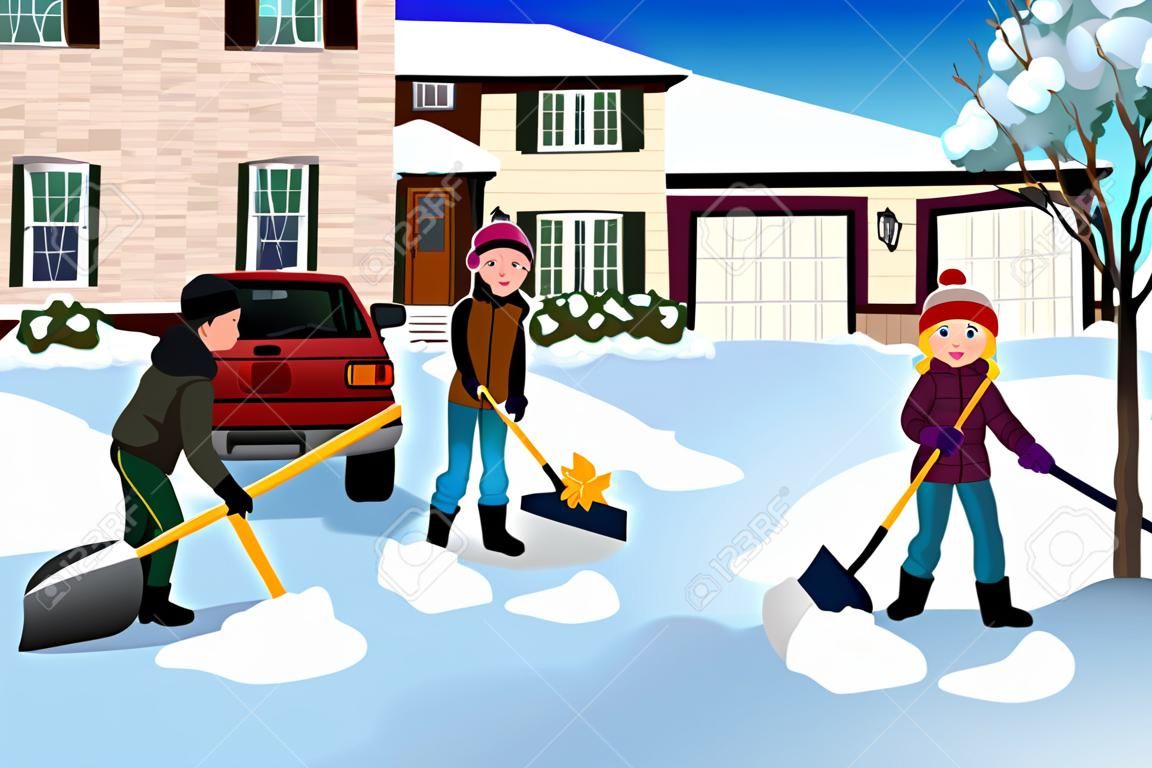 一个家庭铲雪在他们的房子前面的矢量插图