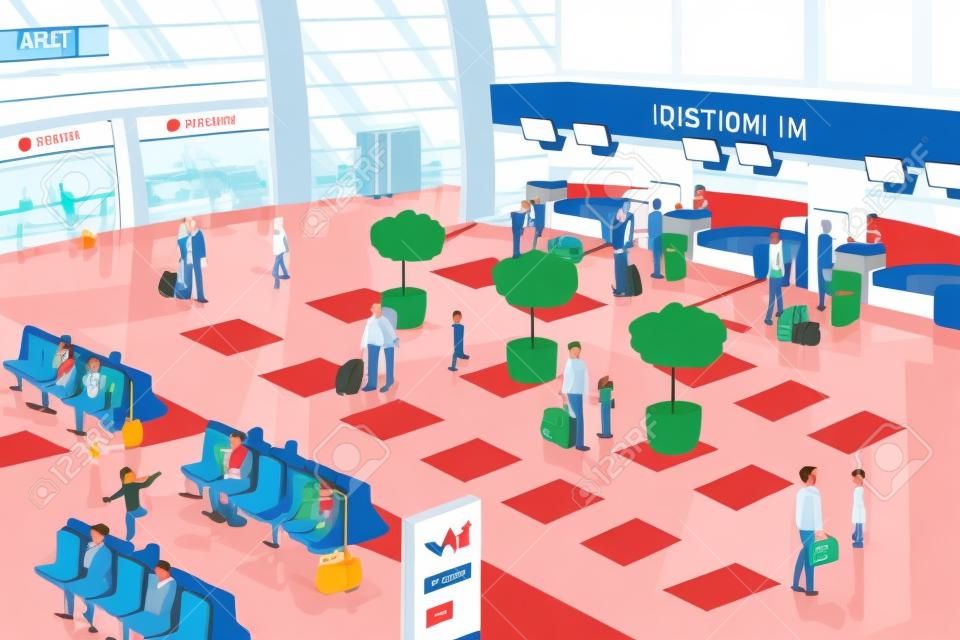 Una illustrazione vettoriale di scena all'interno dell'aeroporto
