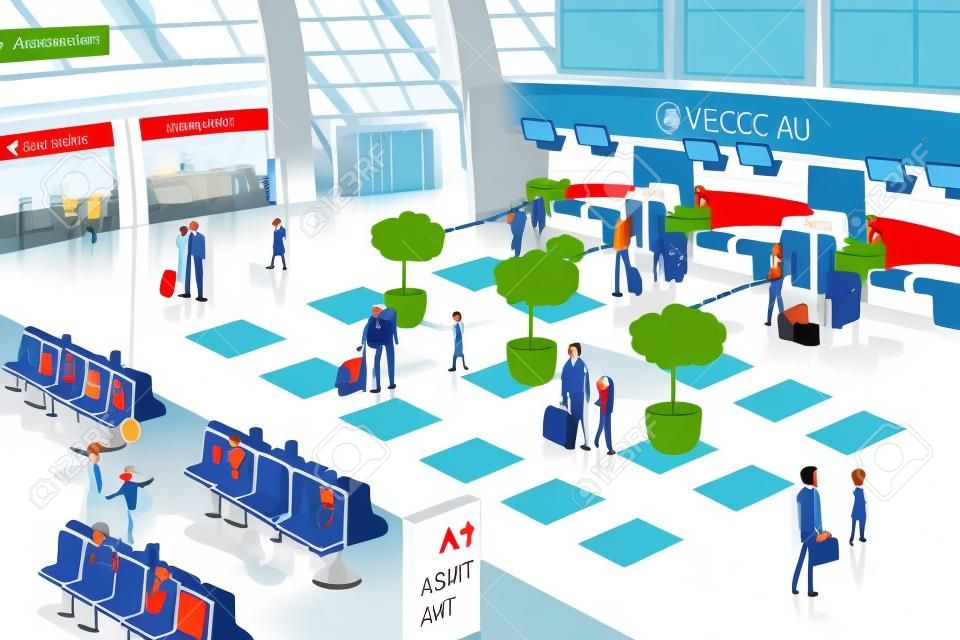 Una illustrazione vettoriale di scena all'interno dell'aeroporto