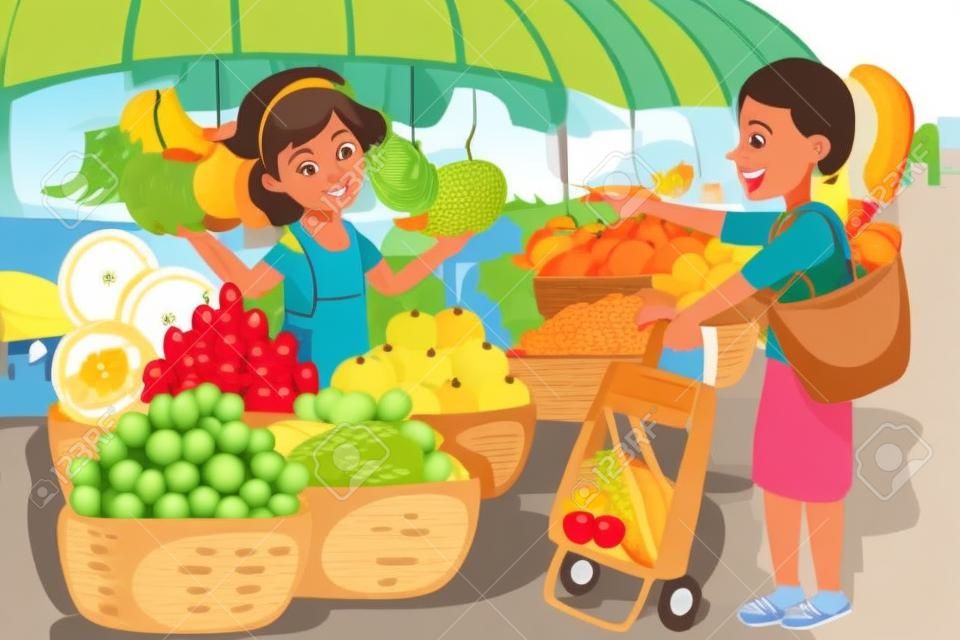 Uma ilustração vetorial de vendedor de frutas no mercado de agricultores com um cliente