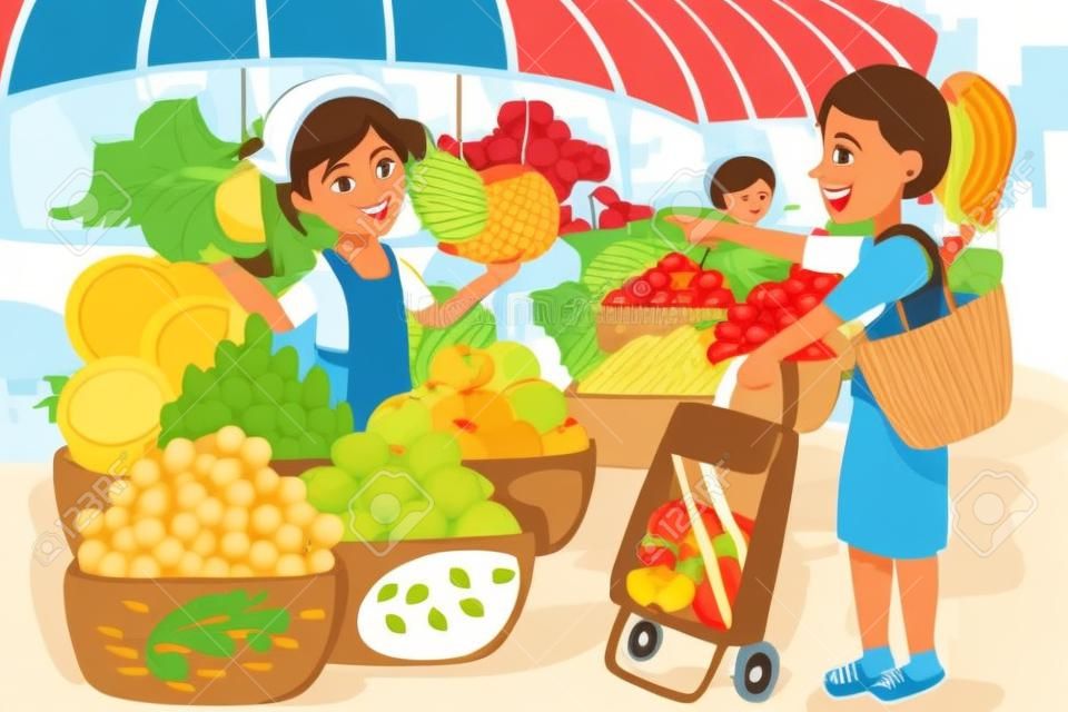 Een vector illustratie van fruit verkoper op de boerenmarkt met een klant