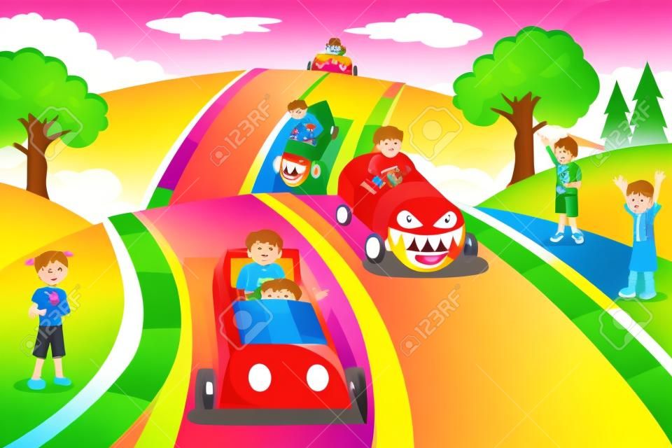 Ilustracja szczęśliwy dzieci w wyścigu okno samochodu