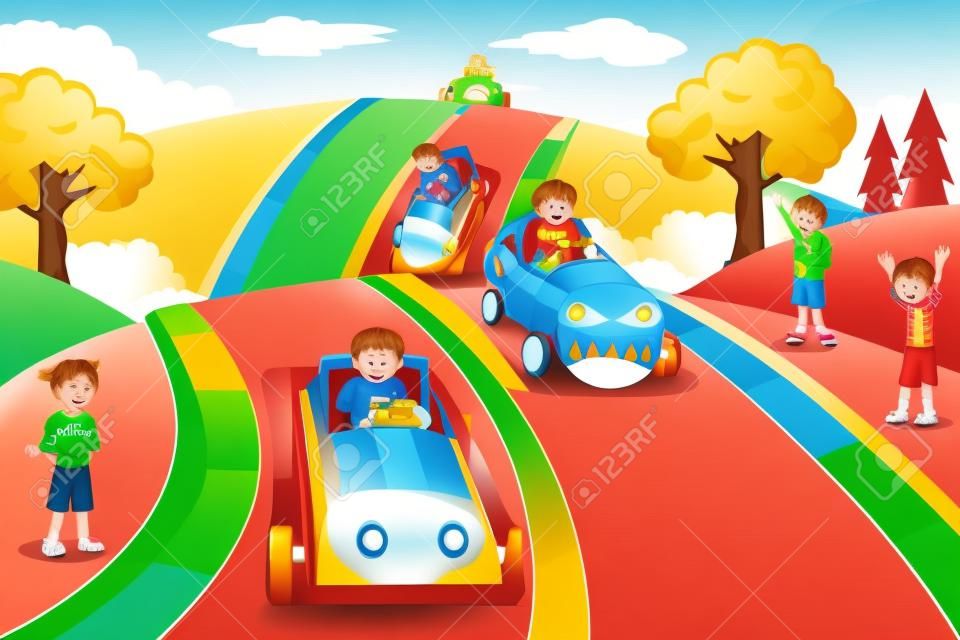 A vector illustration of happy kids in a box car race