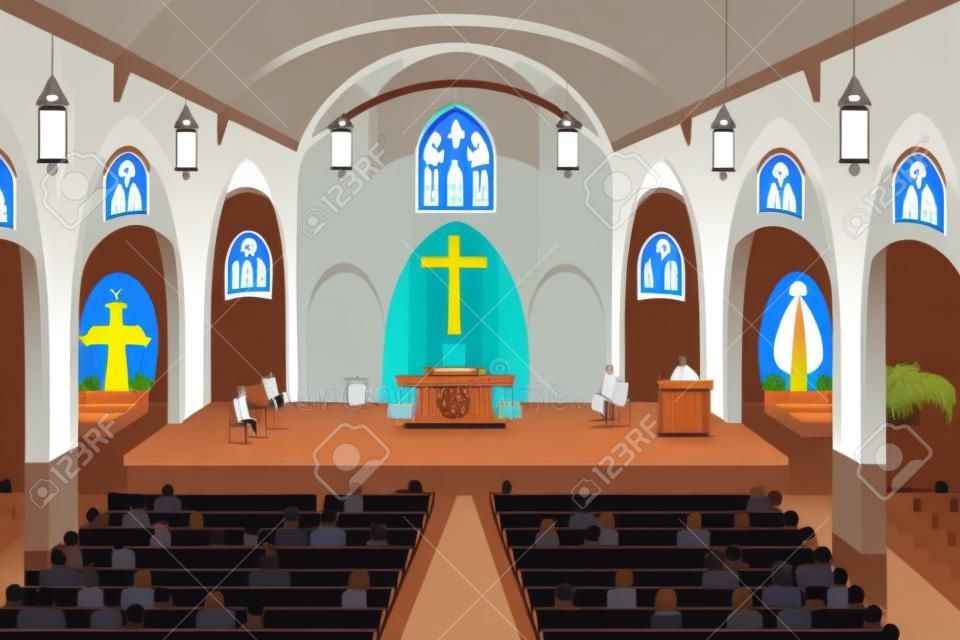 Een vector illustratie van pastor het geven van een preek in een kerk