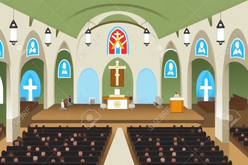 Una illustrazione vettoriale di pastore dare un sermone in una chiesa