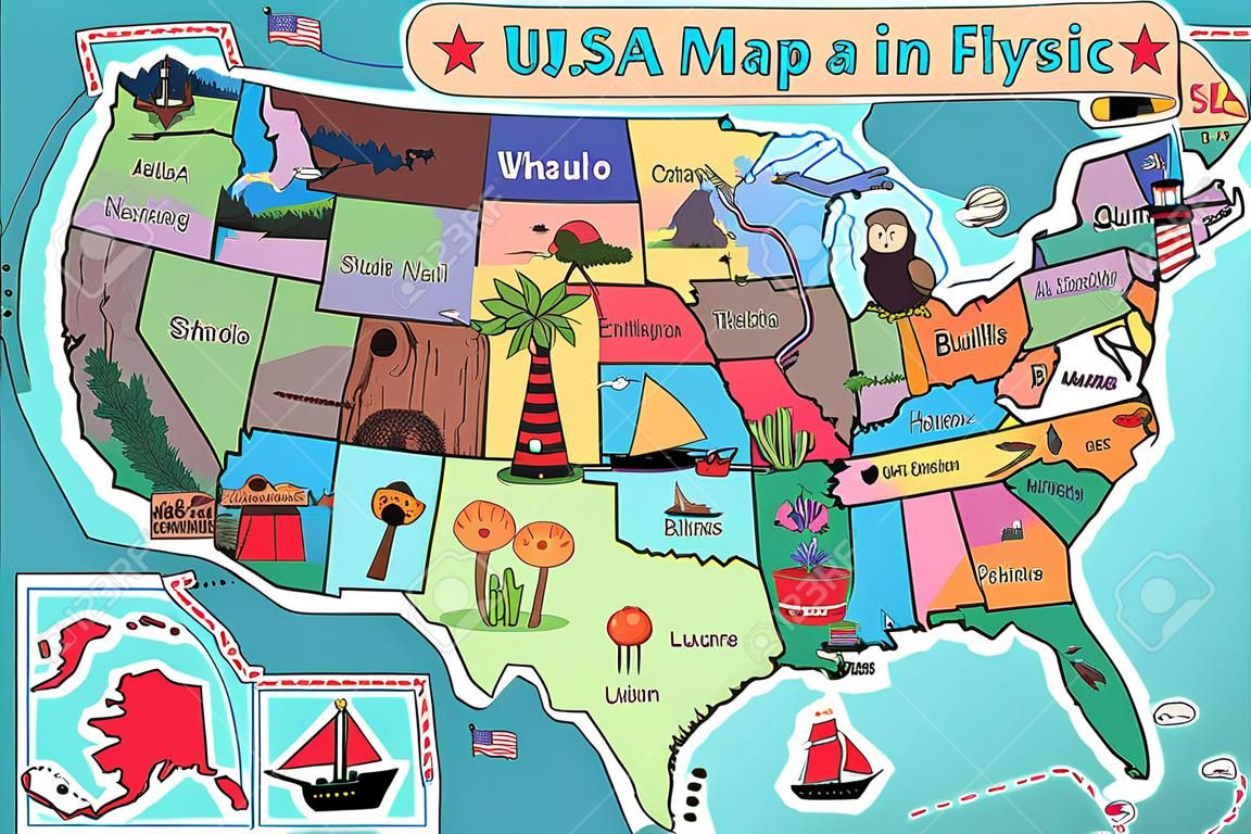 Uma ilustração vetorial do mapa dos EUA em estilo cartoon