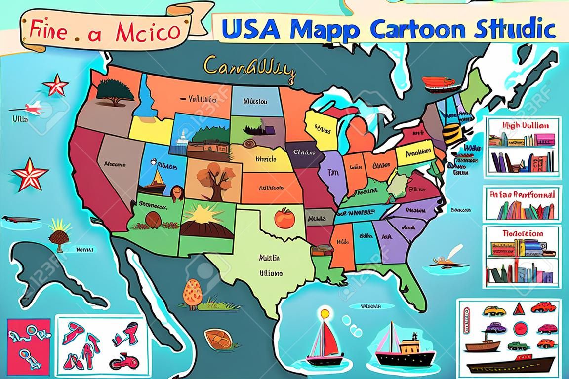Uma ilustração vetorial do mapa dos EUA em estilo cartoon