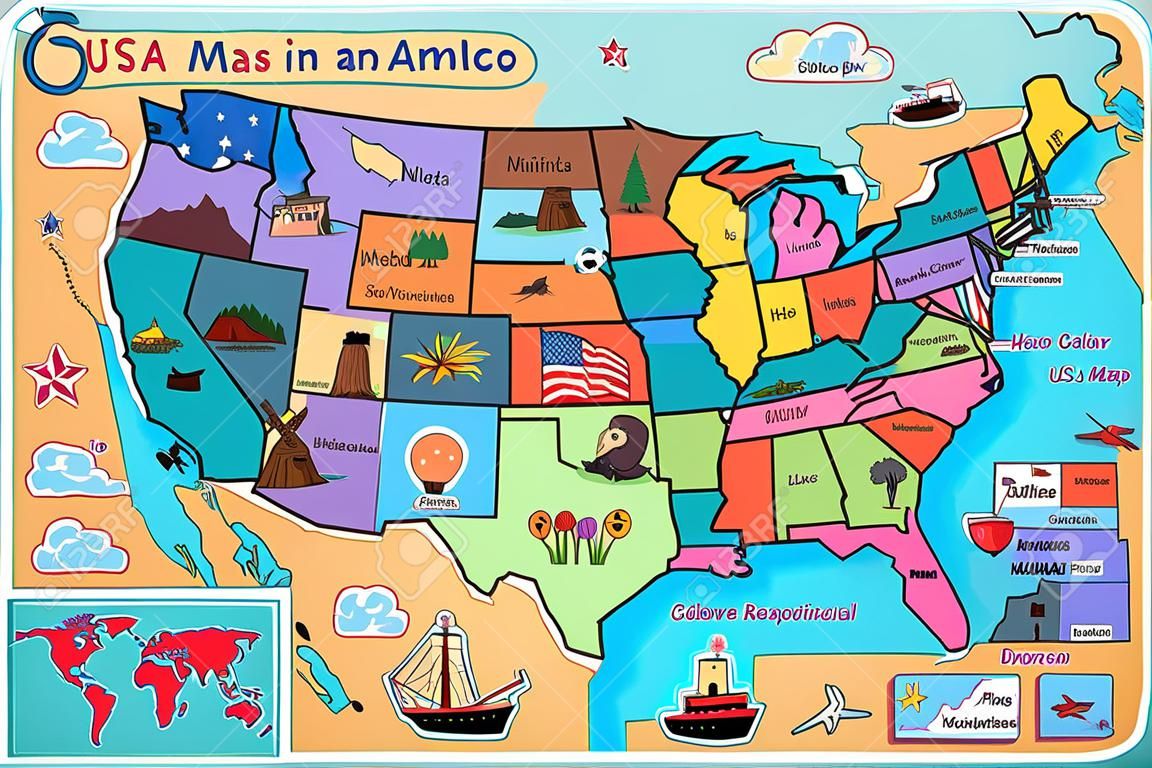 卡通风格美国地图矢量插画