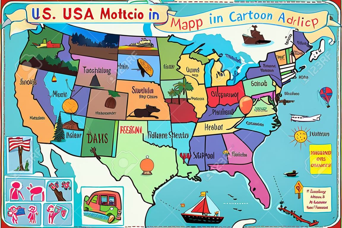A vektoros illusztráció USA-térképen rajzfilm stílusú