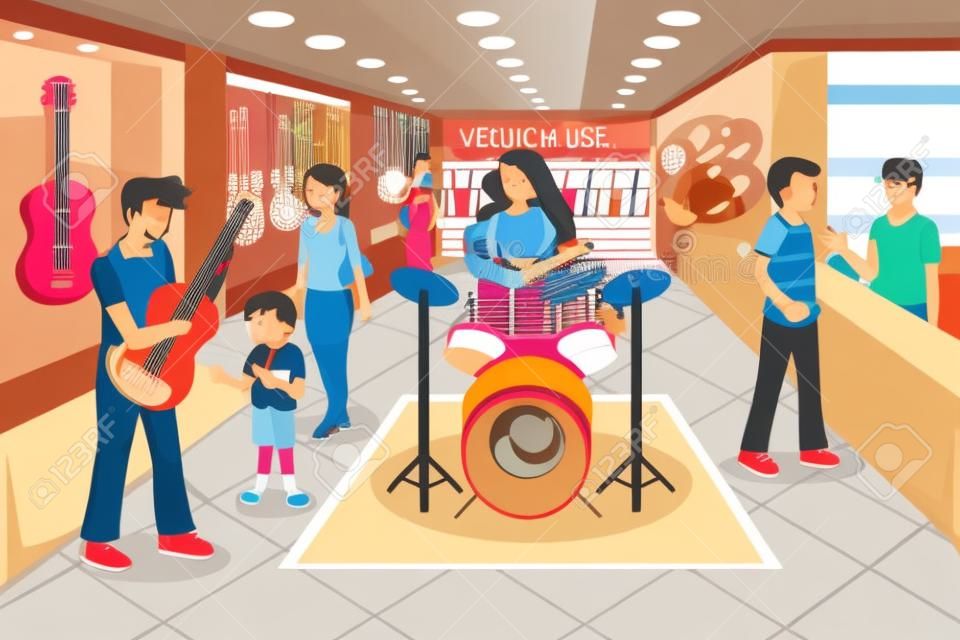 A vektoros illusztráció szülők a gyereket vásárlás hangszert egy zenebolt