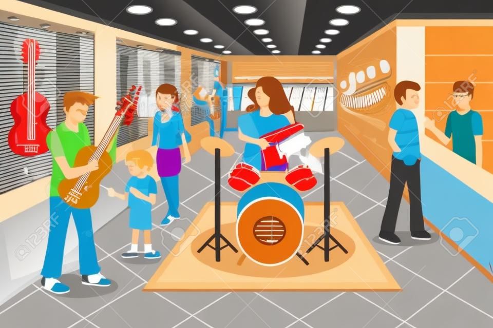 Una ilustración vectorial de los padres con su hijo la compra de instrumentos musicales en una tienda de música
