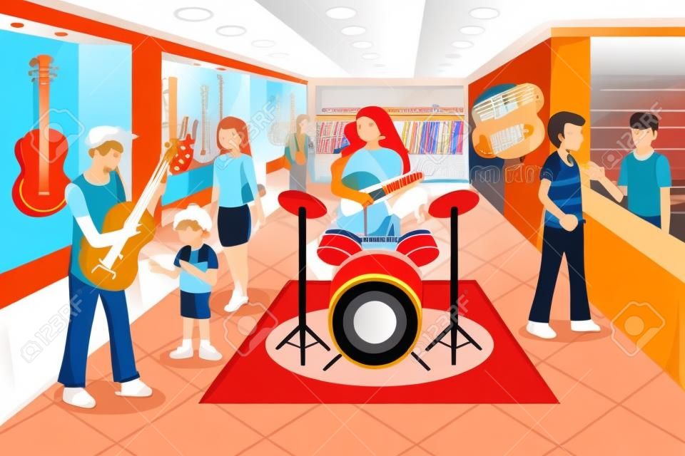 音楽店で楽器を購入する自分の子供を持つ親のベクトル図