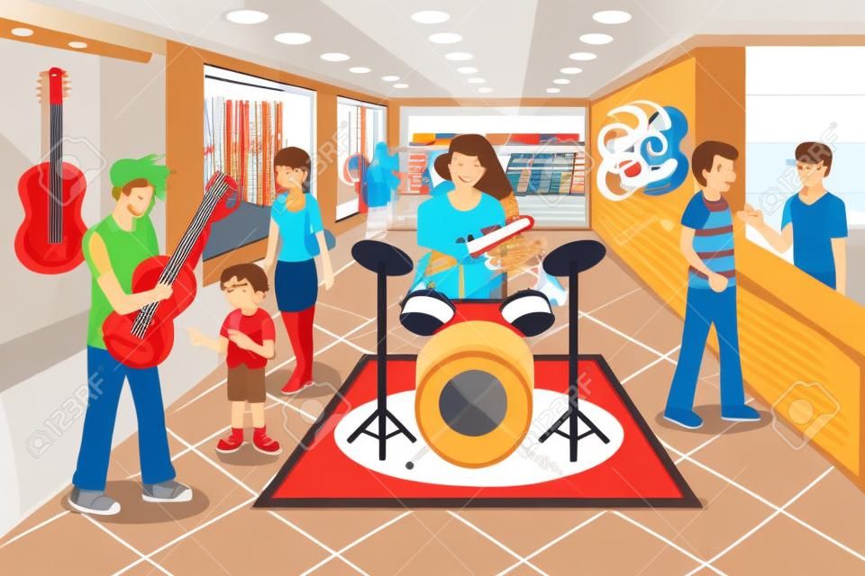 Una ilustración vectorial de los padres con su hijo la compra de instrumentos musicales en una tienda de música