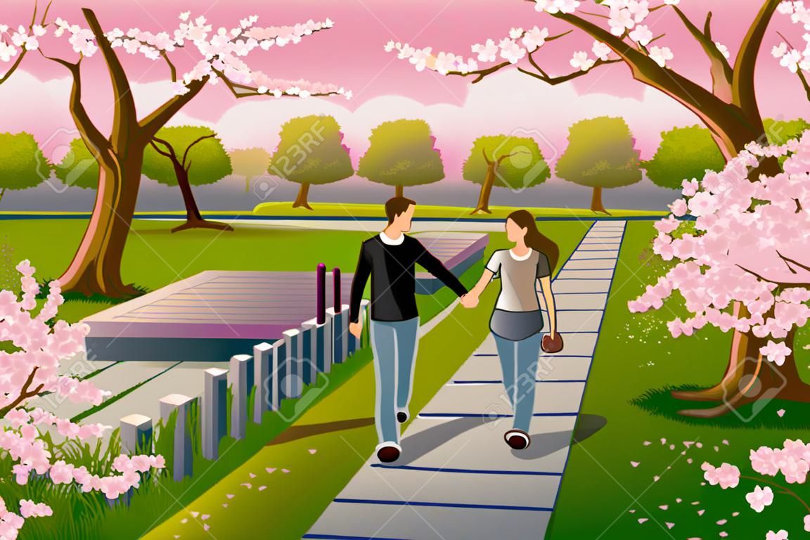 Una illustrazione vettoriale di felice coppia camminare in un parco durante cherry blossom