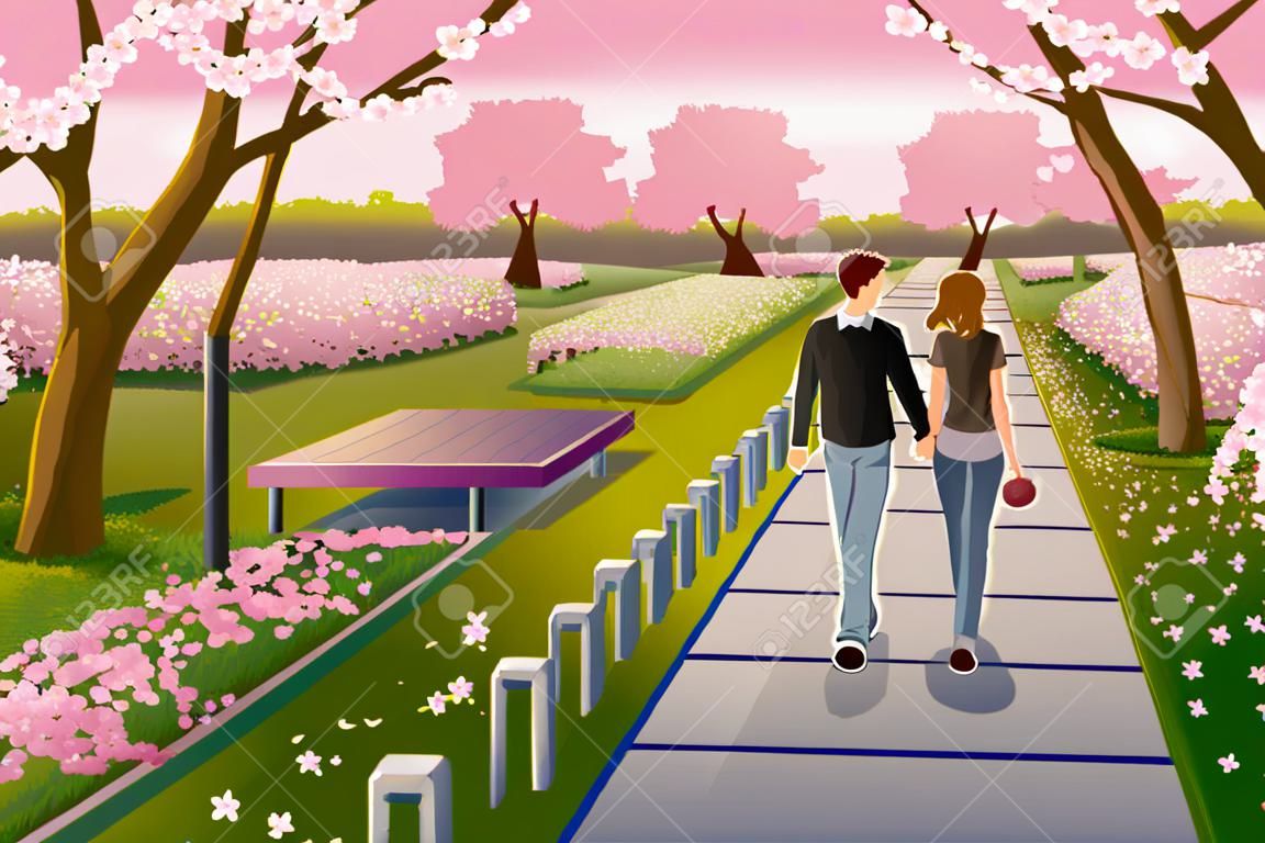 Una illustrazione vettoriale di felice coppia camminare in un parco durante cherry blossom