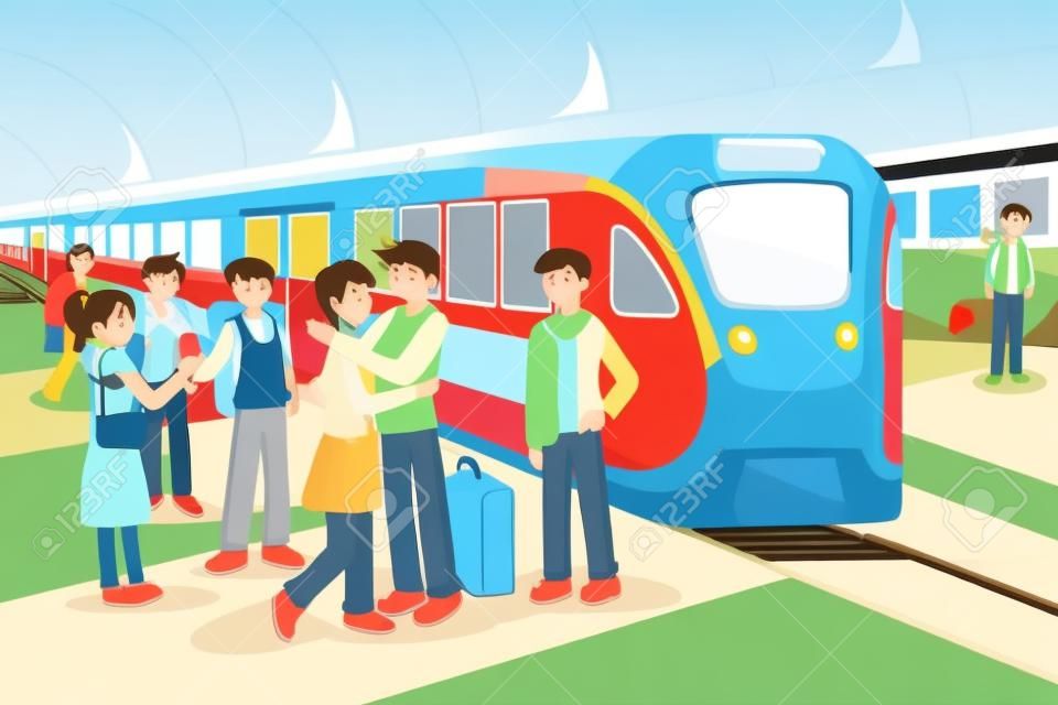 Uma ilustração vetorial de crianças dizendo adeus na frente do trem de partida na estação