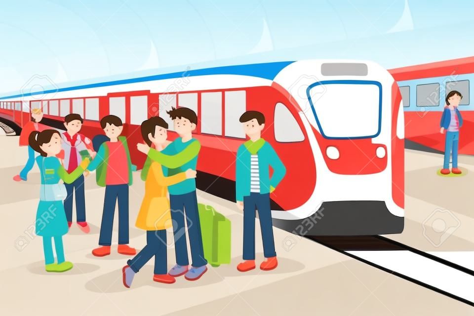 Una illustrazione vettoriale di bambini dicendo addio davanti in partenza treno alla stazione