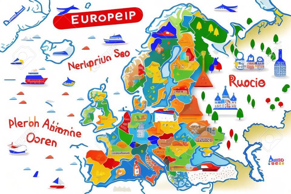 Une illustration de vecteur de carte de l'Europe dans le style de bande dessinée