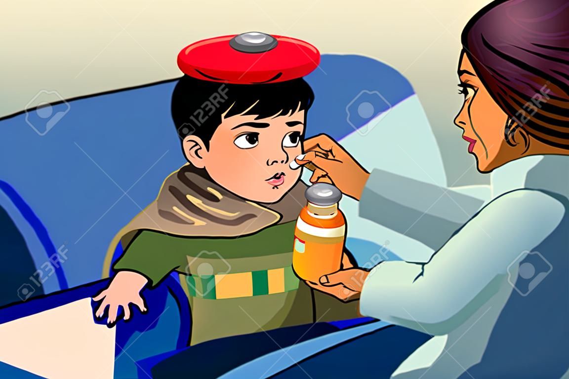 A vector illustration of sick kid taking medicine