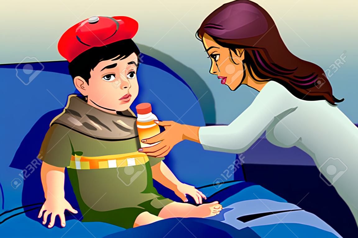 A vector illustration of sick kid taking medicine