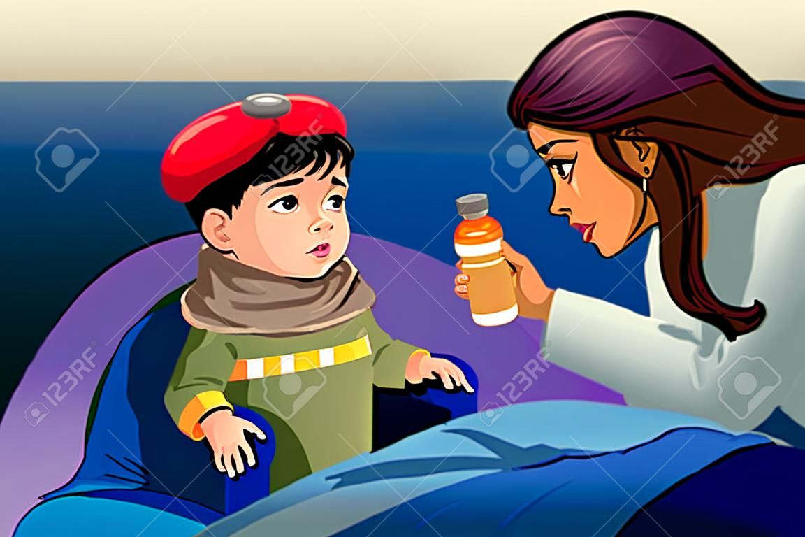 Ein Vektor-Illustration krankes Kind die Einnahme von Medizin