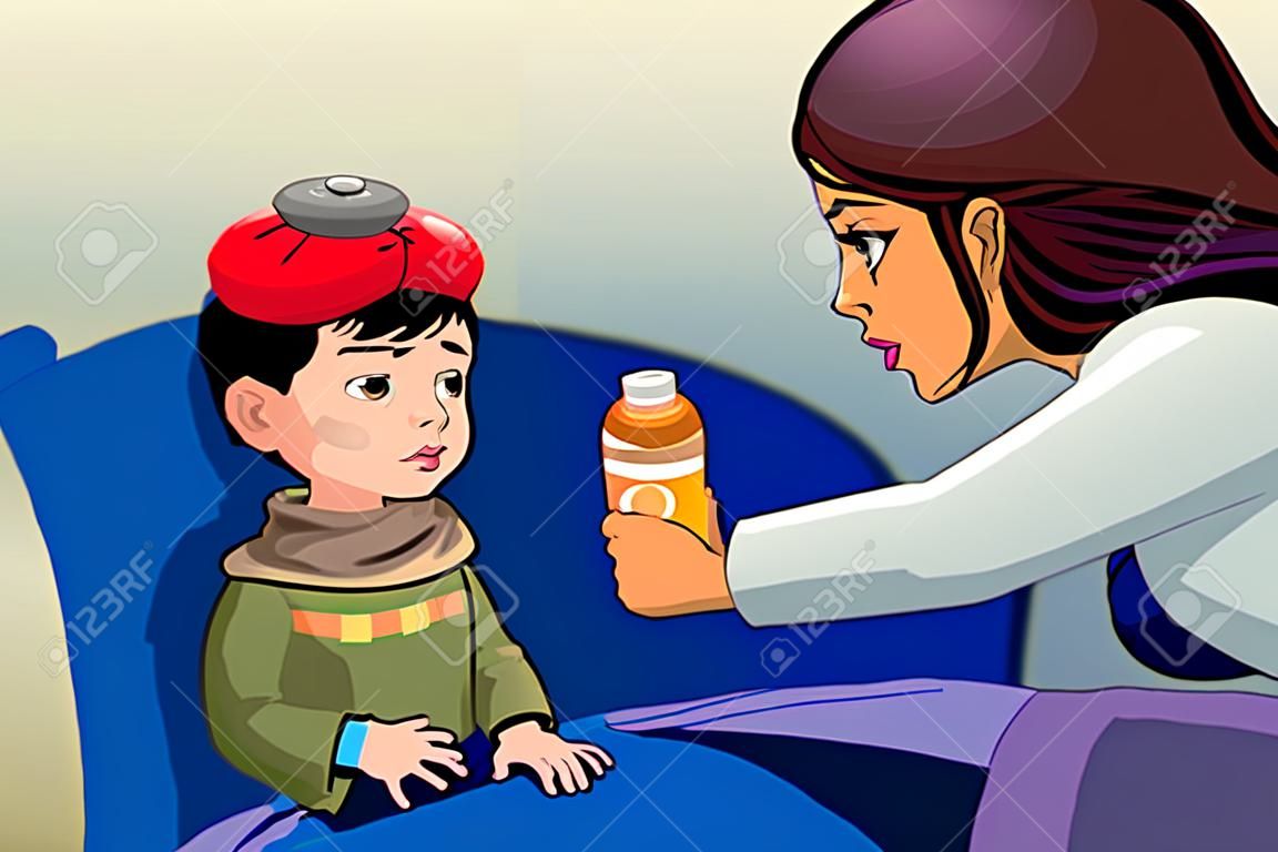 Um, ilustração vetorial, de, doente, criança, tomar, medicina